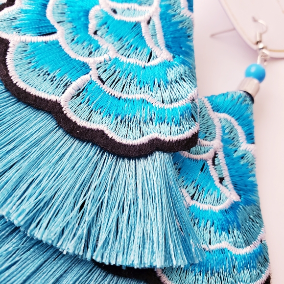 Turquoise Blue Embroidered Tassel Fringe Earrings by Superstar Accessories - Picture 4 of 5